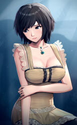 Rule 34 | 1girl, absurdres, black hair, blue background, blue eyes, breasts, cleavage, collar, commentary request, dress, fatal frame, frilled straps, gonzarez, grabbing own arm, highres, jewelry, kozukata yuuri, lace, lace-trimmed dress, lace trim, looking to the side, medium breasts, necklace, short hair, solo