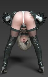 Rule 34 | 1girl, 3d, ass, bent over, from behind, grey hair, highres, latex, leotard, nier (series), nier:automata, solo, standing, tagme, thighhighs, thighs, thong, 2b (nier:automata)