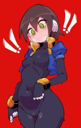 Rule 34 | !, !!, 1girl, absurdres, aile (mega man zx), black bodysuit, blue jacket, blush, bodysuit, bodysuit under clothes, breasts, brown hair, buzzlyears, commentary, covered collarbone, covered navel, cowboy shot, cropped jacket, green eyes, highres, jacket, looking down, mega man (series), mega man zx, no pants, open clothes, open jacket, red background, ringed eyes, robot ears, short hair, simple background, small breasts, solo, sweat