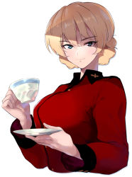 Rule 34 | 1girl, blonde hair, blue eyes, braid, closed mouth, commentary, cropped torso, cup, darjeeling (girls und panzer), girls und panzer, highres, holding, holding cup, holding saucer, insignia, jacket, long sleeves, looking at viewer, military, military uniform, mityubi, red jacket, saucer, short hair, simple background, smile, solo, st. gloriana&#039;s military uniform, teacup, twin braids, uniform, upper body, white background