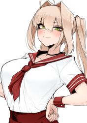 Rule 34 | 10s, 1girl, ahoge, blonde hair, blush, breasts, fate/extra, fate (series), green eyes, hair between eyes, hair intakes, hands on own hips, j.k., large breasts, long hair, looking at viewer, nero claudius (fate), nero claudius (fate) (all), nero claudius (fate/extra), school uniform, serafuku, shirt tucked in, simple background, solo, twintails, white background, wrist cuffs
