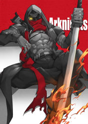 Rule 34 | 1boy, arknights, bara, belt, biceps, boots, fire, hateful avenger (arknights), jacket, male focus, manly, mature male, muscular, muscular male, one eye closed, pants, pectorals, red background, scar, scar on chest, scar on stomach, scarf, sitting, sokimi (sosojovan), solo, sword, text focus, weapon, yellow eyes
