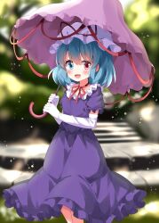 Rule 34 | 1girl, blue eyes, blue hair, blush, breasts, choker, commentary request, cosplay, dress, elbow gloves, feet out of frame, frilled dress, frills, gloves, hat, highres, holding, holding umbrella, medium hair, mob cap, open mouth, puffy short sleeves, puffy sleeves, purple dress, purple umbrella, red eyes, red ribbon, ribbon, ribbon choker, ruu (tksymkw), short sleeves, small breasts, solo, tatara kogasa, touhou, umbrella, white gloves, white hat, yakumo yukari, yakumo yukari (cosplay)