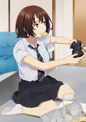Rule 34 | 1girl, artist name, brown hair, chips (food), controller, food, food in mouth, game controller, indoors, mattaku mousuke, mouth hold, necktie, playing games, potato chips, school uniform, short hair, sitting, solo, sweatdrop, wariza, watermark