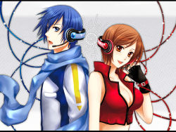 Rule 34 | 1boy, 1girl, bad id, bad pixiv id, black gloves, blue eyes, blue hair, blue scarf, breasts, brown eyes, brown hair, cleavage, fingerless gloves, gloves, headphones, headset, kaito (vocaloid), large breasts, letterboxed, meiko (vocaloid), midriff, scarf, short hair, smile, vocaloid, wool (kurokrkr)