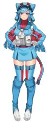 Rule 34 | 1girl, arms behind back, bad id, bad twitter id, blue hair, blush, boots, creatures (company), frown, full body, game freak, gen 3 pokemon, goggles, goggles on head, hat, highres, katagiri hachigou, knee boots, long hair, looking at viewer, nintendo, personification, pokemon, pouch, salamence, simple background, solo, standing, thighhighs, white background, zettai ryouiki