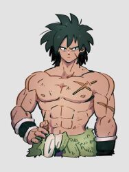 Rule 34 | 1boy, black eyes, black hair, broly (dragon ball super), dragon ball, dragon ball super, dragon ball super broly, grey background, hand on own hip, kemachiku, male focus, muscular, muscular male, saiyan, scar, scar on arm, scar on chest, scar on face, short hair, simple background, topless male