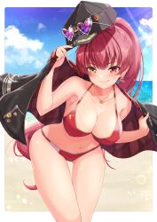 1girl absurdres bare_shoulders baseball_cap bikini black_hat black_jacket blush breasts cleavage closed_mouth earrings eyewear_on_headwear halterneck hat heart heart-shaped_eyewear heart_earrings heart_necklace heterochromia high_ponytail highres hololive houshou_marine houshou_marine_(summer) jacket jewelry kuma_king large_breasts long_hair looking_at_viewer navel necklace official_alternate_costume ponytail red_bikini red_eyes red_hair smile solo string_bikini sunglasses swimsuit twintails virtual_youtuber yellow_eyes