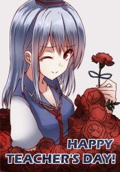 Rule 34 | 1girl, alternate hair length, alternate hairstyle, bad id, bad twitter id, blue hair, english text, flower, grey background, hat, kamishirasawa keine, lani (pink  pink), long hair, necktie, one eye closed, puffy sleeves, red eyes, ribbon, short sleeves, simple background, smile, solo, tears, text focus, touhou, upper body, vest