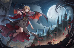 Rule 34 | 1girl, absurdres, bat (animal), bat wings, black bow, blonde hair, boots, bow, castle, clock, clock tower, comic, dress, duel monster, falling petals, fingernails, flower, full moon, hair bow, highres, long hair, moon, nail polish, open mouth, outdoors, petals, pointy ears, red eyes, red hair, red nails, rose, solo, thorns, tower, vampire, vampire fraulein, wings, yu-gi-oh!, yuanhe mx