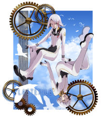 Rule 34 | 2boys, animal, bird, bishounen, black footwear, blue eyes, blue sky, blunt bangs, border, braid, cloud, cloudy sky, copyright name, dio eraclea, eyeshadow, floating, flying, gears, goggles, goggles around neck, grey hair, highres, last exile, locon, makeup, male focus, multiple boys, open mouth, pointy ears, sky, smile, teeth, tight clothes, upside-down, white border