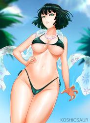 Rule 34 | 1girl, artist name, bad id, bad pixiv id, bare arms, bare shoulders, bikini, blue sky, blurry, blurry background, breasts, cameltoe, collarbone, commentary request, day, floral print, fubuki (one-punch man), green bikini, green eyes, green hair, hand on own hip, highleg, highleg bikini, jewelry, koshio, large breasts, looking at viewer, navel, necklace, one-punch man, outdoors, palm leaf, palm tree, parted lips, pearl necklace, shiny skin, sky, solo, stomach, swimsuit, thighs, tree, underboob