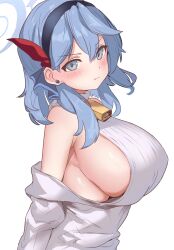 Rule 34 | 1girl, ako (blue archive), alternate costume, bare shoulders, bell, blue archive, blue eyes, blue hair, blush, breasts, closed mouth, earrings, from side, hair between eyes, hairband, highres, huge breasts, jewelry, medium hair, metsu end, off shoulder, ribbed sweater, sideboob, simple background, sleeveless, sleeveless turtleneck, solo, stud earrings, sweater, turtleneck, turtleneck sweater, upper body, white background