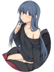 Rule 34 | 1girl, alternate hairstyle, black shirt, blue hair, blush, bottomless, breasts, closed mouth, collarbone, hair between eyes, hair down, long hair, long sleeves, looking at viewer, off shoulder, purple eyes, shima rin, shirt, shiseki hirame, simple background, sitting, sleeping bag, small breasts, solo, thighs, white background, yurucamp