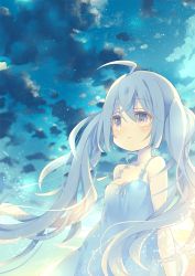Rule 34 | 1girl, :&lt;, ahoge, arm at side, bare arms, bare shoulders, blue dress, blue eyes, closed mouth, collarbone, commentary request, dress, grey hair, long hair, looking afar, original, sky, sleeveless, sleeveless dress, solo, standing, twintails, yamadori yoshitomo