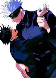Rule 34 | 2boys, black blindfold, black hair, black jacket, black pants, blindfold, closed mouth, commentary request, facing another, fushiguro megumi, gojou satoru, height difference, highres, holding another&#039;s wrist, jacket, jujutsu kaisen, long sleeves, male focus, multiple boys, open mouth, pants, school uniform, shenshan laolin, short hair, simple background, smile, spiked hair, white background, white hair, yaoi