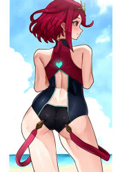 1girl absurdres ass bare_shoulders beach black_one-piece_swimsuit bob_cut cowboy_shot from_behind highres ocean one-piece_swimsuit pyra_(pro_swimmer)_(xenoblade) pyra_(xenoblade) red_eyes red_hair red_one-piece_swimsuit sand short_hair sleeveless sleeveless_turtleneck solo swimsuit tiara turtleneck xenoblade_chronicles_(series) xenoblade_chronicles_2 yotsuha_uni