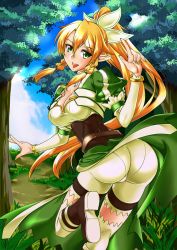 Rule 34 | 10s, 1girl, ass, blonde hair, boots, bracelet, braid, breasts, cleavage, elf, fingernails, from behind, green eyes, highres, huge ass, jewelry, leafa, long fingernails, long hair, looking at viewer, nail polish, nature, open mouth, pantylines, pointy ears, ponytail, puffy sleeves, shirokuma a, shorts, smile, sword art online, trefoil, very long hair