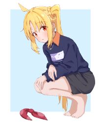 Rule 34 | 1girl, absurdres, ahoge, barefoot, black shorts, blonde hair, blue background, blue shirt, bocchi the rock!, border, commentary request, full body, hair ornament, hair scrunchie, highres, ijichi nijika, jewelry, long hair, long sleeves, looking at viewer, necklace, red eyes, unworn ribbon, scrunchie, shirt, shorts, side ponytail, sidelocks, solo, spell phd, squatting, white border, yellow scrunchie