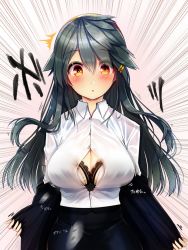 Rule 34 | 1girl, alternate costume, black hair, blush, bra, breasts, button fly, cleavage, cleavage cutout, clothing cutout, hair ornament, hairclip, haruna (kancolle), headgear, highres, kantai collection, large breasts, long hair, popped button, shirt, solo, speed lines, surprised, tsukui kachou, underwear, white shirt