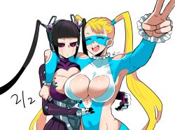 Rule 34 | 2girls, arm around neck, black hair, black sclera, breast envy, breasts, cleavage, cleavage cutout, clothing cutout, colored sclera, commentary request, covered navel, dated, eye (mememem), han juri, highres, large breasts, long hair, mechanization, multiple girls, official alternate costume, pink eyes, rainbow mika, street fighter, street fighter v, twintails, v, very long hair