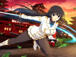 Rule 34 | 1girl, architecture, black hair, black necktie, black shirt, blue eyes, blunt bangs, blush, breasts, bridge, bush, buttons, cloud, double-breasted, dusk, east asian architecture, evening, falling leaves, gloves, gradient sky, grass, holding, holding sheath, holding sword, holding weapon, ikaruga (senran kagura), large breasts, leaf, long hair, looking at viewer, miniskirt, motion lines, necktie, official art, ootachi, open mouth, orange sky, outdoors, pantyhose, pink sky, plant, pleated skirt, red sky, scabbard, senran kagura, senran kagura new link, senran kagura shoujo-tachi no shin&#039;ei, sheath, shirt, skirt, sky, slashing, solo, star (sky), starry sky, sunset, sword, twilight, unsheathed, very long hair, weapon, white shirt, white skirt, yaegashi nan, yellow sky