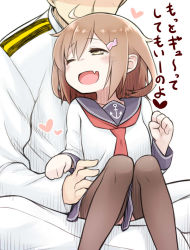 Rule 34 | 10s, 1boy, 1girl, admiral (kancolle), ahoge, anchor symbol, black thighhighs, brown eyes, brown hair, fang, hair ornament, hairclip, head out of frame, ikazuchi (kancolle), kantai collection, long sleeves, military, military uniform, myonde, naval uniform, neckerchief, on lap, one eye closed, open mouth, pleated skirt, red neckerchief, sailor collar, school uniform, serafuku, short hair, sitting, sitting on lap, sitting on person, skirt, thighhighs, uniform
