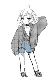 Rule 34 | 1girl, ahoge, arm behind head, arm up, blue shorts, blush, choker, closed mouth, fanny pack, feet out of frame, greyscale, hair ornament, hairclip, highres, jacket, long hair, long sleeves, looking at viewer, monochrome, nao97122, open clothes, open jacket, original, ringed eyes, screentones, shirt, shorts, simple background, sketch, sleeves past wrists, socks, solo, spot color, standing, swept bangs, white background