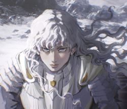 Rule 34 | 1boy, absurdres, androgynous, armor, berserk, chromatic aberration, closed mouth, ctstudio (executional), curly hair, day, eyebrows hidden by hair, floating hair, grey eyes, griffith (berserk), highres, lips, long hair, looking at viewer, male focus, nose, serious, sidelocks, snow, solo, straight-on, sunlight, tsurime, upper body, white hair