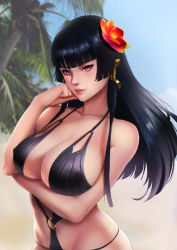 Rule 34 | 1girl, absurdres, beach, bikini, black bikini, black hair, blunt bangs, breast hold, breasts, cleavage, collarbone, covered erect nipples, day, dead or alive, dead or alive 5, flower, hair flower, hair ornament, highres, large breasts, long hair, looking at viewer, md5 mismatch, mole, mole under mouth, nyotengu, o-ring, o-ring bikini, parted lips, purple eyes, resolution mismatch, smile, solo, source smaller, swimsuit, upper body, yuuko takega