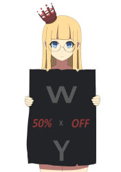 Rule 34 | 1girl, absurdres, bad id, bad pixiv id, blonde hair, blue eyes, blunt bangs, closed mouth, cowboy shot, crown, empty eyes, glasses, highres, holding, holding sign, long hair, looking at viewer, mini crown, original, sale, sidelocks, sign, solo, surio, tareme
