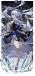 Rule 34 | 1girl, arm guards, armor, armored dress, ayaka (genshin impact), blue dress, blue eyes, blue hair, blue shirt, blue skirt, blunt bangs, blush, border, breastplate, breasts, bridal gauntlets, detached sleeves, dress, floating hair, full body, genshin impact, hair ornament, hakama, hakama skirt, highres, ice, ice crystal, japanese armor, japanese clothes, jewelry, large breasts, light blue hair, long hair, looking at viewer, multiple torii, neck ring, open clothes, open shirt, parted lips, ponytail, revision, rope, scottie (phantom2), shirt, short sleeves, sidelocks, skirt, solo, tassel, thighs, torii, white border