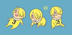 1boy aged_down baby blonde_hair blue_background closed_eyes commentary_request curly_eyebrows full_body hair_over_one_eye hatch_(8cco) lying male_focus numbered on_back one_piece pajamas sanji_(one_piece) short_hair simple_background sitting sleeping solo yellow_pajamas