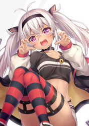 Rule 34 | 1girl, :d, absurdres, antenna hair, black hairband, black jacket, black shirt, blush, boots, claw pose, commentary request, convenient leg, crop top, dark-skinned female, dark skin, fangs, feet out of frame, grey background, hair between eyes, hairband, hands up, highres, jacket, long hair, long sleeves, looking at viewer, matsukai mao, midriff, navel, nijisanji, off shoulder, open clothes, open jacket, open mouth, puffy long sleeves, puffy sleeves, purple eyes, shirt, skirt, smile, solo, striped clothes, striped thighhighs, thighhighs, thighhighs under boots, twintails, two-tone background, virtual youtuber, wakagi repa, white background, white footwear, white hair, white skirt