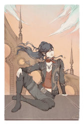 Rule 34 | 1girl, black hair, boots, breasts, cleavage, elezen, elf, final fantasy, final fantasy xiv, hand on own knee, highres, hilda ware, hybrid, jacket, jewelry, leaning, lips, long hair, neckerchief, necklace, onyrica, open clothes, open jacket, pointy ears, red eyes, sitting, sky, smile, solo, spread legs, thigh boots, thighhighs, wind