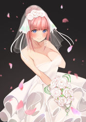 Rule 34 | 1girl, absurdres, bare shoulders, blue eyes, blush, breasts, bridal veil, cleavage, collarbone, commentary request, dress, flower, go-toubun no hanayome, hair bun, hair flower, hair ornament, highres, holding, holding flower, huge filesize, large breasts, long hair, looking at viewer, nakano nino, single hair bun, sleeveless, sleeveless dress, smile, solo, strapless, strapless dress, tears, uiri-na, veil, wedding dress, white dress, white flower