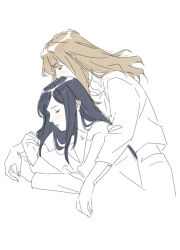 2girls black_hair brown_hair closed_eyes commentary cuddling fujino_shizuru guri_gom kuga_natsuki long_hair long_sleeves multiple_girls my-hime parted_lips partially_colored shirt simple_background sleeping symbol-only_commentary white_background yuri