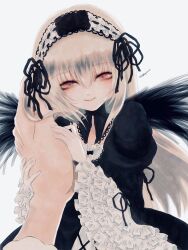 Rule 34 | 1girl, 1other, black dress, black hairband, black wings, dress, frilled sleeves, frills, gothic lolita, hairband, highres, holding hands, juliet sleeves, kiru (m putorius), lolita fashion, lolita hairband, long hair, long sleeves, looking at viewer, pov, pov hands, puffy sleeves, red eyes, rozen maiden, simple background, size difference, suigintou, white background, white hair, wide sleeves, wings