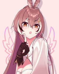 Rule 34 | 1girl, :o, ahoge, brown eyes, brown hair, cleavage cutout, clothing cutout, crossed bangs, double-parted bangs, feather hair ornament, feathers, finger to cheek, fingernails, gloves, hair ornament, hairclip, highres, hololive, hololive english, looking at viewer, mocailla, multicolored hair, nanashi mumei, nanashi mumei (1st costume), open mouth, partially fingerless gloves, pink background, portrait, shadow, shirt, streaked hair, virtual youtuber, white shirt, wings