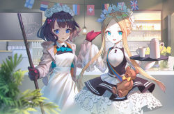 Rule 34 | 2girls, abigail williams (fate), abigail williams (festival outfit) (fate), alternate costume, black hair, blonde hair, blue eyes, bow, commentary request, dress, english flag, enmaided, fate/grand order, fate (series), french flag, german flag, gloves, highres, holding, holding plate, indoors, jacket, katsushika hokusai (fate), katsushika hokusai (festival outfit) (fate), keyhole, long hair, looking at viewer, maid, multiple girls, official alternate costume, open mouth, orange bow, parted bangs, plate, red gloves, sleeves past fingers, sleeves past wrists, smile, stuffed animal, stuffed toy, teddy bear, union jack, very long hair, white jacket, yaxiya