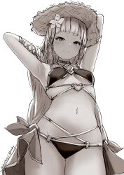 Rule 34 | 1girl, armpits, arms up, bare shoulders, bikini, blunt bangs, blush, braid, breasts, choker, erune, eyeliner, flower, granblue fantasy, greyscale, hair flower, hair ornament, hat, highres, long hair, looking at viewer, makeup, monochrome, navel, nosuku, pholia, sarong, short eyebrows, side braids, small breasts, smile, solo, straw hat, swimsuit, thighs, very long hair