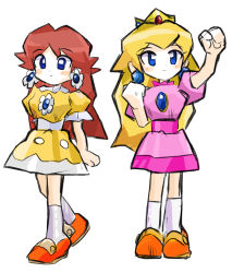 2girls absurdres bare_legs blue_eyes brown_hair commentary crown dress earrings flower_earrings full_body highres jewelry kneepits long_hair low_poly mario_(series) mario_tennis mario_tennis_(nintendo_64) multiple_girls nintendo parted_bangs pink_dress princess_daisy princess_peach puffy_short_sleeves puffy_sleeves racket rakugaki_shitagari-ya short_sleeves simple_background smile soles white_background