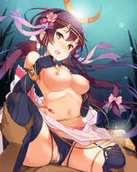 Rule 34 | 1boy, 1girl, black panties, breasts, brown eyes, censored, clothing aside, cowgirl position, dai seisen! valkyrie saga, dmm, elbow gloves, flower, game cg, gloves, hair flower, hair ornament, hairband, hetero, jewelry, large breasts, long hair, looking at viewer, mosaic censoring, navel, night, nipples, no bra, open mouth, outdoors, panties, panties aside, penis, pov, purple hair, pussy, saliva, sex, solo focus, spread legs, straddling, thighhighs, tongue, twintails, underwear, vaginal