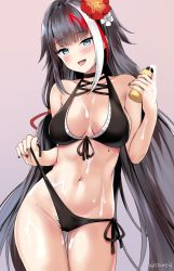 Rule 34 | 1girl, alternate costume, artist name, azur lane, bare shoulders, bikini, black bikini, black hair, black nails, blue eyes, blush, bottle, breasts, cameltoe, cleavage, collarbone, cowboy shot, deutschland (azur lane), deutschland (service time?!) (azur lane), female pubic hair, flower, gradient background, groin, hair flower, hair ornament, head tilt, highres, holding, holding bottle, kaetzchen, long hair, looking at viewer, lotion, low tied hair, medium breasts, mole, mole on body, multicolored hair, nail polish, navel, open mouth, pubic hair, red hair, side-tie bikini bottom, sidelocks, signature, silver hair, simple background, skindentation, solo, stomach, streaked hair, sunscreen, swimsuit, thighs, tongue, tongue out, untied bikini, very long hair