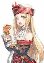 Rule 34 | 1girl, bare shoulders, blonde hair, brown eyes, burger, cleavage cutout, clothing cutout, diola (granblue fantasy), food, frills, gold trim, granblue fantasy, hat, long hair, looking at viewer, momoko (momopoco), open mouth, simple background, solo, white background