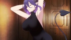 Rule 34 | 1girl, animated, anime screenshot, armpits, arms behind head, arms up, bouncing breasts, breasts, closed mouth, demon girl, demon horns, demon tail, highres, horns, indoors, interior, jiggle, kinsou no vermeil, large breasts, medium hair, pointy ears, purple hair, red eyes, screencap, smile, solo, standing, tagme, tail, vermeil (kinsou no vermeil), video