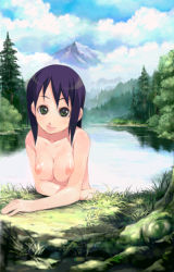 Rule 34 | 1girl, breasts squeezed together, breasts, chinchickrin, cloud, day, female focus, green eyes, lake, medium breasts, nature, nipples, original, outdoors, purple hair, scenery, sky, solo, topless frame, upper body
