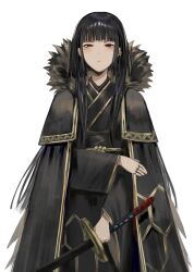 Rule 34 | 1girl, absurdres, black cape, black hair, black kimono, cape, closed mouth, fur-trimmed cape, fur trim, gold trim, hexagon print, highres, holding, holding sword, holding weapon, japanese clothes, jewelry, katana, kimono, limbus company, long hair, long sleeves, multiple rings, na-gyou (nunumaru), project moon, red eyes, ring, ryoshu (project moon), sheath, sheathed, simple background, solo, sword, very long hair, weapon, white background