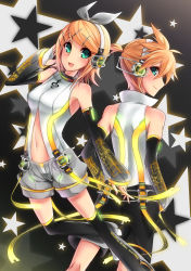 Rule 34 | 1boy, 1girl, :3, absurdres, aqua eyes, arm warmers, bad id, bad pixiv id, bare shoulders, black thighhighs, blonde hair, brother and sister, detached sleeves, fingerless gloves, gloves, hair ornament, hair ribbon, hairclip, headphones, highres, kagamine len, kagamine len (append), kagamine rin, kagamine rin (append), leg warmers, looking back, navel, open mouth, popped collar, ribbon, short hair, shorts, siblings, sigm@, smile, star (symbol), thighhighs, twins, vocaloid, vocaloid append