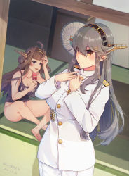 Rule 34 | 2girls, ahoge, artist name, breasts, brown hair, dated, double bun, electric fan, food, grey hair, hair bun, hair ornament, haruna (kancolle), headgear, highres, himeyamato, holding, holding food, kantai collection, kongou (kancolle), large breasts, long hair, military, military uniform, multiple girls, on floor, popsicle, sitting, tank top, tatami, uniform